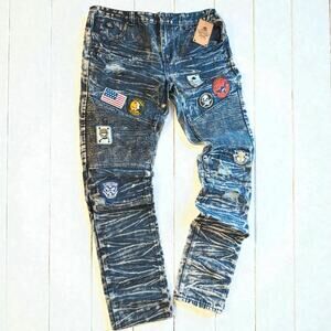 New Slim Fit DNM COLLECTION Acid Blue Jeans Patch Skinny Biker Distressed Men 36